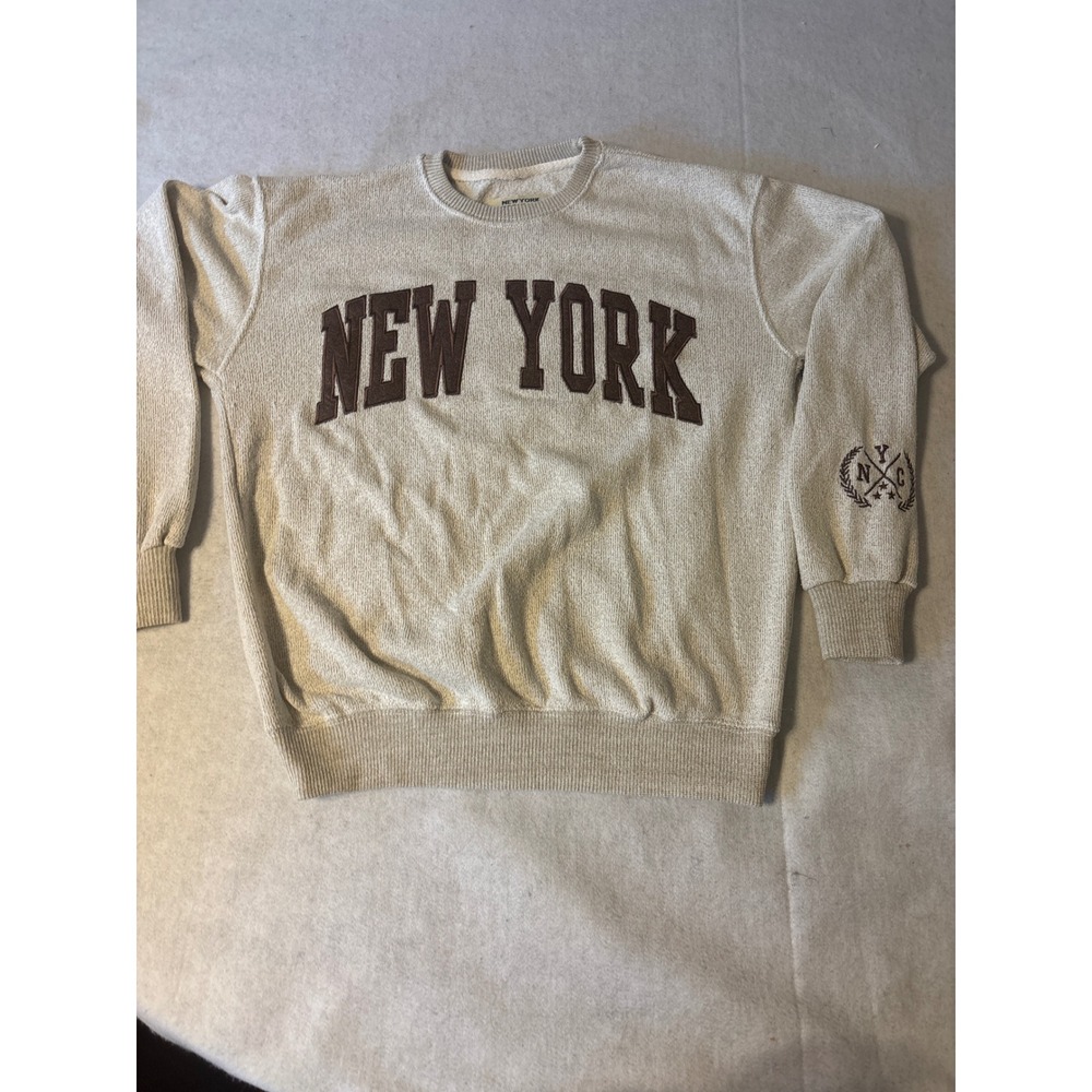 New York Popular Sweatshirt‎ Mens Medium Oatmeal Brown Graphic NYC Pullover Good